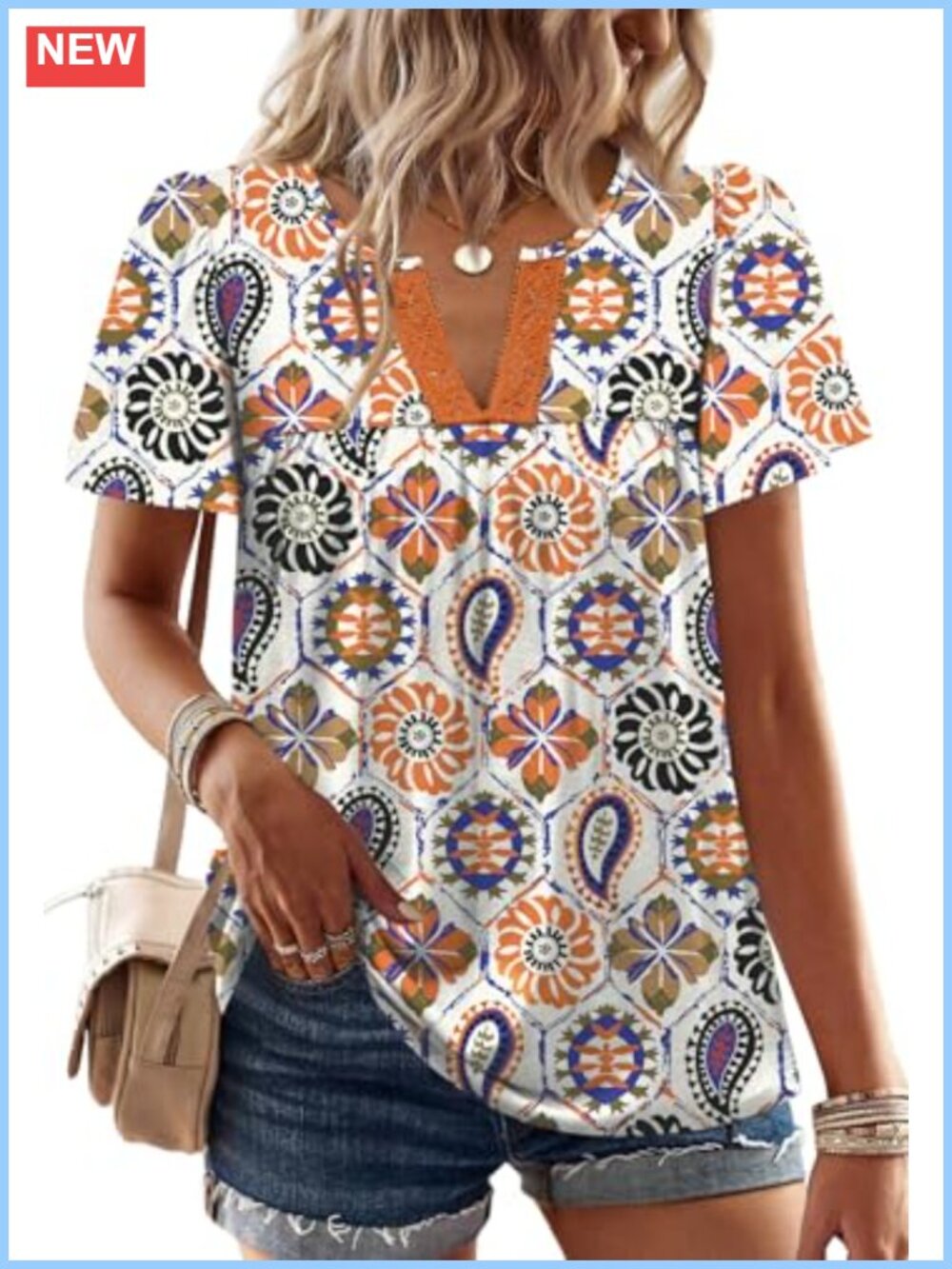 OFEEFAN Womens Short Sleeve Lace Boho V Neck Blouse Flowy Casual Summer Top
